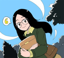 Rule 34 | 1girl, aragon honnin, bad id, bad tumblr id, bag, black hair, blue sky, brown eyes, day, freckles, from below, glasses, green sweater, long hair, long sleeves, original, outdoors, shirt, shoulder bag, sky, smile, solo, speech bubble, sweater, tree, upper body, yellow shirt