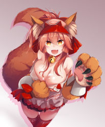 Rule 34 | 1girl, absurdres, animal ear fluff, animal ears, animal hands, apron, arm up, bell, bow, breasts, character name, cleavage, clothes writing, collar, collarbone, dress, fang, fate/extra, fate/grand order, fate (series), fox ears, fox girl, fox tail, gloves, hair between eyes, hair bow, highres, jingle bell, kana616, large breasts, long hair, looking at viewer, lostroom outfit (fate), neck bell, open mouth, paw gloves, pink hair, ponytail, puffy short sleeves, puffy sleeves, red bow, red thighhighs, short sleeves, sidelocks, smile, striped clothes, striped dress, tail, tamamo (fate), tamamo cat (fate), thighhighs, thighs, visor cap, white apron, yellow eyes