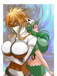 Rule 34 | 2girls, arms under breasts, artist name, ass, back-to-back, back tattoo, black gloves, bleach, blonde hair, breasts, butt crack, dark-skinned female, dark skin, facial mark, gloves, green eyes, green hair, high collar, large breasts, long hair, looking at viewer, looking back, multiple girls, navel, nelliel tu odelschwanck, scar, scar on face, short sleeves, shrug (clothing), skull on head, standing, taki tousetsu, tattoo, tier harribel, torn clothes, underboob