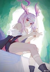 Rule 34 | 1girl, arknights, bare shoulders, black footwear, black shorts, commentary request, cup, disposable cup, feet out of frame, head wings, highres, holding, holding cup, long hair, looking at viewer, manticore (arknights), miuli, off shoulder, pointy ears, purple hair, red eyes, short shorts, shorts, sitting, smile, solo, thighs, v, wings