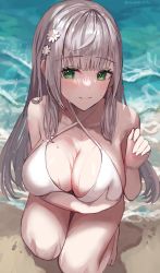 Rule 34 | 1girl, bare legs, bare shoulders, barefoot, beach, bikini, blue eyes, blunt bangs, blush, breast hold, breasts, cleavage, closed mouth, criss-cross halter, day, flower, grey hair, hair flower, hair ornament, halterneck, highres, hololive, large breasts, long hair, looking at viewer, outdoors, rum raisin (chihiromakita19), shirogane noel, smile, solo, squatting, swimsuit, very long hair, virtual youtuber, water, wet, white bikini, white flower