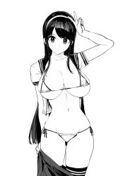 Rule 34 | 1girl, absurdres, arm up, bikini, bikini under clothes, breasts, cleavage, closed mouth, clothes pull, cowboy shot, detexted, greyscale, hairband, heart o-ring, heart ring top, highres, large breasts, long hair, looking at viewer, micro bikini, monochrome, navel, ootomo takuji, open clothes, open shirt, reco love, scan, school uniform, serafuku, side-tie bikini bottom, sidelocks, simple background, skindentation, skirt, skirt pull, smile, solo, standing, string bikini, swimsuit, swimsuit under clothes, thighhighs, third-party edit, v, very long hair, white background, yuina (reco love)