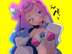Rule 34 | 1girl, absurdres, akanbe, backlighting, blue eyes, blue hair, blue nails, cure la mer, detached collar, detached sleeves, double bun, earrings, eyelid pull, female focus, gradient hair, hair bun, hair ornament, highres, hrgm, jewelry, laura (precure), long hair, looking at viewer, multicolored eyes, multicolored hair, nail polish, precure, purple eyes, purple hair, sidelocks, simple background, solo, tongue, tongue out, tropical-rouge! precure, upper body, yellow background