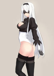 Rule 34 | 1girl, alternate hair color, alternate hair length, alternate hairstyle, arm at side, ass, black dress, black footwear, black gloves, black hairband, black shirt, black thighhighs, boots, breasts, closed mouth, crop top, dress, from side, gloves, hairband, highleg, highleg leotard, highres, juliet sleeves, legs apart, leotard, long hair, long sleeves, looking at viewer, medium breasts, nier (series), nier:automata, no pants, puffy sleeves, ribbed dress, ribbed shirt, shirt, skin tight, solo, standing, tajada, thigh boots, thighhighs, thighhighs under boots, thighs, thong, thong leotard, turtleneck, vambraces, very long hair, white hair, white leotard, 2b (nier:automata)