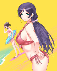 Rule 34 | 2girls, a1 (initial-g), bikini, black hair, bow, breasts, closed mouth, commentary request, from side, green eyes, hair bow, innertube, large breasts, long hair, looking at viewer, love live!, love live! school idol festival, love live! school idol project, low twintails, multiple girls, ocean, parted bangs, pink bikini, pink scrunchie, purple hair, red eyes, scrunchie, side-tie bikini bottom, sideboob, slippers, smile, standing, sunglasses, sunglasses on head, swim ring, swimsuit, tojo nozomi, twintails, water, yazawa nico, yellow background