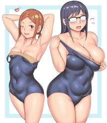Rule 34 | 2girls, arms behind head, blue hair, blue one-piece swimsuit, blush, breasts, brown eyes, brown hair, clothes pull, embarrassed, glasses, highres, houkago teibou nisshi, kuroiwa yuuki, large breasts, multiple girls, one-piece swimsuit, one-piece swimsuit pull, oono makoto, orizen, outside border, plump, simple background, swimsuit, thighs, white background