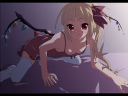 Rule 34 | 1girl, :q, blonde hair, bow, camisole, downblouse, flandre scarlet, hair bow, letterboxed, no bra, red eyes, shin&#039;ya (nanp), solo, thighhighs, tongue, tongue out, touhou, white thighhighs, wings