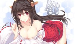 Rule 34 | 10s, 1girl, bad id, bad pixiv id, bare shoulders, black hair, breasts, cleavage, detached sleeves, frilled skirt, frills, hairband, haruna (kancolle), honeycomb (pattern), honeycomb background, honeycomb pattern, japanese clothes, kantai collection, large breasts, long hair, miko, miniskirt, nakatama kyou, nontraditional miko, personification, ribbon-trimmed sleeves, ribbon trim, sarashi, skirt, smile, solo