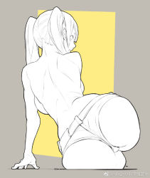 Rule 34 | 1girl, arm support, ass, back, backboob, breasts, cropped legs, highres, large breasts, long hair, looking back, micro shorts, monochrome, open mouth, original, outside border, profile, short shorts, shorts, simple background, sitting, sketch, solo, topless, twintails, two-tone background, weibo watermark, wide hips, xyz (xiaoyezi)