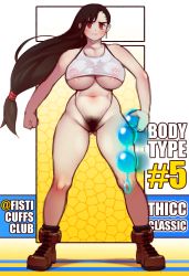 Rule 34 | 1girl, anal beads, areola slip, artist name, bad id, bad pixiv id, black hair, blush, boots, breasts, clenched hand, commentary, curvy, earrings, english commentary, english text, excessive pubic hair, female pubic hair, final fantasy, final fantasy vii, fisticuffs club, frown, furrowed brow, huge breasts, jewelry, long hair, looking at viewer, low ponytail, navel, pubic hair, red eyes, see-through, sex toy, solo, standing, tagme, tank top, thighs, tifa lockhart, twitter username, underboob, undersized clothes, wedgie