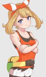 Rule 34 | 1girl, akatsuki (akatsukinotsuki), bare shoulders, blue eyes, bow, bracelet, breasts, brown hair, collarbone, creatures (company), crossed arms, fanny pack, game freak, hair bow, highres, jewelry, looking at viewer, may (pokemon), nintendo, pantyhose, pantyhose under shorts, pokemon, pokemon oras, red bow, red shirt, shirt, shorts, sleeveless, sleeveless shirt, smile, solo, white shorts
