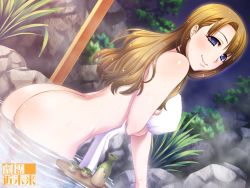 Rule 34 | 1girl, alcohol, ass, bathing, blue eyes, breasts, brown hair, covering privates, dutch angle, earrings, jewelry, kin mirai, long hair, looking at viewer, mature female, naked towel, night, nude cover, onsen, outdoors, plant, sake, smile, solo, stud earrings, towel, tree, water, watermark, wet