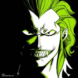 Rule 34 | 1boy, aboude art, artist name, bartolomeo, black eyes, clenched teeth, green hair, instagram logo, instagram username, limited palette, looking at viewer, male focus, nose piercing, nose ring, one piece, piercing, sharp teeth, signature, smile, solo, teeth, tusks