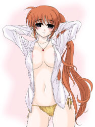 Rule 34 | 00s, 1girl, arms up, blush, breasts, female focus, frapowa, gradient background, jewelry, long hair, lyrical nanoha, mahou shoujo lyrical nanoha, mahou shoujo lyrical nanoha strikers, necklace, no bra, open clothes, open shirt, panties, raising heart, raising heart (standby mode), shirt, side-tie panties, solo, takamachi nanoha, underwear, unfinished, very long hair, white shirt