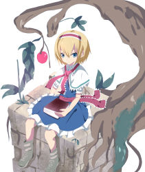Rule 34 | 1girl, aa44, alice margatroid, apple, bad id, bad pixiv id, blonde hair, blue eyes, book, female focus, food, fruit, hairband, outdoors, plant, short hair, sitting, solo, touhou, tree, white background