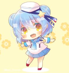 Rule 34 | 1girl, :d, beige background, blue hair, blue neckwear, blue sailor collar, blue skirt, blush, brown eyes, chibi, commentary request, double bun, fang, floral background, full body, hair between eyes, hair bun, hair ornament, hat, head tilt, kantai collection, kou hiyoyo, looking at viewer, one-hour drawing challenge, open mouth, outstretched arms, pleated skirt, red footwear, sailor collar, sailor hat, samuel b. roberts (kancolle), school uniform, serafuku, shirt, short sleeves, skirt, smile, solo, standing, standing on one leg, star (symbol), star hair ornament, tilted headwear, twitter username, white hat, white shirt, yellow background