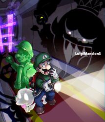 Rule 34 | 1boy, 1girl, blue eyes, crown, dog, evil grin, evil smile, facial hair, flashlight, ghost, gloves, glowing, glowing eyes, gooigi, grin, hellen gravely, king boo, looking at another, luigi, luigi&#039;s mansion 3, mustache, nintendo, open mouth, overalls, poltergust 3000, polterpup, scared, smile, vacuum
