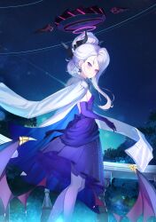 Rule 34 | 1girl, bare shoulders, blue archive, dress, highres, hina (blue archive), long hair, looking at viewer, purple dress, purple eyes, rui rubellent, smile, solo, standing, white hair