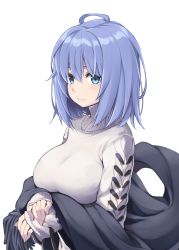 Rule 34 | 1girl, black scarf, blue eyes, blue hair, blush, breasts, closed mouth, fringe trim, grey sweater, highres, large breasts, long sleeves, original, own hands together, ribucci, scarf, short hair, simple background, sleeves past wrists, solo, sweater, turtleneck, turtleneck sweater, upper body, white background