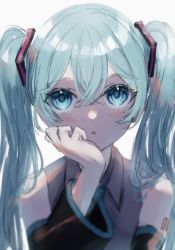 1girl black_sleeves blue_eyes blue_hair blush collared_shirt detached_sleeves grey_shirt hair_between_eyes hair_ornament hatsune_miku highres long_hair long_sleeves looking_at_viewer open_mouth portrait saikisaika shirt sketch sleeveless sleeveless_shirt solo twintails vocaloid white_background wing_collar