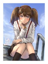 Rule 34 | 1girl, artist logo, black skirt, brown eyes, brown hair, collared shirt, commentary request, dated, dress shirt, highres, kantai collection, ld (luna dial398), long hair, looking at viewer, magatama, pleated skirt, railing, ryuujou (kancolle), shirt, sitting, sitting on stairs, skirt, solo, stairs, suspenders, twintails, white shirt
