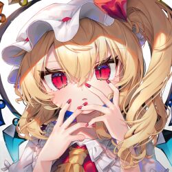 Rule 34 | 1girl, ascot, blonde hair, crystal, fang, fingernails, flandre scarlet, gunjou row, hair between eyes, hat, long hair, looking at viewer, mob cap, nail polish, parted lips, portrait, red eyes, red nails, side ponytail, slit pupils, solo, touhou, twitter username, white hat, wings, yellow ascot