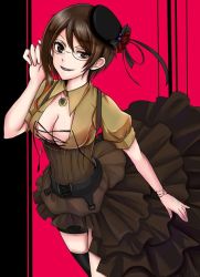 Rule 34 | 1girl, artist request, bead bracelet, beads, beret, bracelet, breasts, brown dress, brown eyes, brown hair, cleavage, coco adel, commentary, dress, glasses, hat, jewelry, necklace, rwby, solo