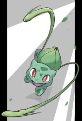 Rule 34 | :d, bright pupils, bulbasaur, claws, creatures (company), fangs, full body, game freak, gen 1 pokemon, leaf, nintendo, no humans, open mouth, pillarboxed, plant, pokemon, pokemon (creature), pokemon move, red eyes, smile, solo, ukata, vine whip, vines, white pupils