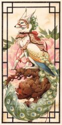 Rule 34 | animal, animal focus, artist name, blue eyes, bridle, clothed animal, commentary request, floral background, flower, fox, from side, full body, griffin, highres, leaf, original, painting (medium), patterned background, peacock feathers, pink flower, pink rose, rose, shikitori (ichi), sitting, slit pupils, solo, tassel, traditional media, watercolor (medium), watermark, wings