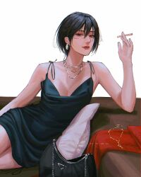 Rule 34 | 1girl, absurdres, bag, black bag, black dress, black eyes, black hair, breasts, cigarette, dress, earrings, hand up, handbag, highres, jewelry, mikasa ackerman, necklace, nthndn, parted lips, pillow, red scarf, scarf, shingeki no kyojin, short hair, simple background, sitting, small breasts, solo, white background