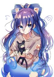 Rule 34 | 1girl, animal ears, blue bow, blue eyes, blue hair, blue skirt, bow, cat ears, closed mouth, commentary, debt, eyes visible through hair, grey hoodie, hair between eyes, hands up, heart, highres, hood, hoodie, hug, long hair, looking to the side, moshihimechan, short sleeves, simple background, skirt, solo, standing, stuffed animal, stuffed toy, symbol-only commentary, touhou, toy, white background, yorigami shion