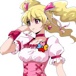 Rule 34 | 00s, 1girl, blonde hair, bow, choker, corset, cure peach, earrings, expressionless, fresh precure!, hair ornament, heart, heart earrings, heart hair ornament, jaggy lines, jewelry, long hair, looking away, magical girl, momozono love, oekaki, pink bow, pink eyes, precure, simple background, solo, split mouth, twintails, upper body, uraki, white background, wrist cuffs