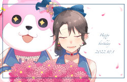 Rule 34 | 1girl, alternate hairstyle, animal costume, bang dream!, bear costume, black hair, bow, cherry earrings, choker, closed eyes, dated, earrings, facing viewer, flower, food-themed earrings, food themed earrings, framed, hair bow, happy birthday, highres, jewelry, michelle (bang dream!), okusawa misaki, open mouth, ponytail, smile, toramame, upper body