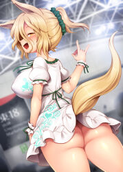 Rule 34 | 1girl, :d, animal ears, ass, blonde hair, blush, breasts, commentary request, covered erect nipples, cowboy shot, dress, dutch angle, fang, fox ears, fox girl, fox shadow puppet, fox tail, green ribbon, hair between eyes, harusame (unmei no ikasumi), high ponytail, impossible clothes, impossible dress, indoors, kudamaki tsukasa, large breasts, long bangs, looking at viewer, looking back, neck ribbon, no panties, open mouth, rei no himo, ribbon, scrunchie, shiny skin, short hair, short ponytail, smile, solo, tail, tail raised, touhou, white dress, wrist cuffs