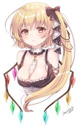 Rule 34 | 1girl, artist name, azur lane, bare shoulders, black bow, black dress, blonde hair, blush, bow, breasts, cleavage, collarbone, commentary request, cosplay, cropped torso, crystal, dated, detached collar, dress, flandre scarlet, formidable (azur lane), formidable (azur lane) (cosplay), frills, hair bow, haruki (colorful macaron), long hair, looking at viewer, medium breasts, no headwear, one side up, parted lips, red eyes, signature, simple background, solo, touhou, upper body, white background, wings