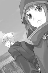 Rule 34 | :t, ayakura juu, cape, craft lawrence, dutch angle, from below, greyscale, holo, hood, hooded, looking back, monochrome, novel illustration, official art, open mouth, outdoors, spice and wolf, sweat