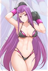 Rule 34 | 1girl, armpits, arms up, bikini, blush, boxing gloves, breasts, closed mouth, collarbone, commission, cowboy shot, fate/grand order, fate (series), forehead, forehead tattoo, grey bikini, groin, highres, large breasts, long hair, looking at viewer, medusa (fate), medusa (rider) (fate), navel, nonoririn, pink eyes, purple hair, solo, sparkle, straight hair, sweat, swimsuit, tattoo, thighhighs, underboob, very long hair, zoom layer