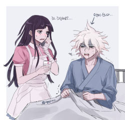 Rule 34 | 1boy, 1girl, apron, artist name, bandages, bed, bed sheet, boleum (dgrpluna), border, breasts, closed eyes, cup, danganronpa (series), danganronpa 2: goodbye despair, grey background, highres, holding, holding cup, hospital bed, hospital gown, komaeda nagito, large breasts, long hair, mole, open mouth, pink shirt, saliva, shirt, sick, sitting, sweat, tearing up, teeth, translation request, trembling, tsumiki mikan, upper teeth only, white border