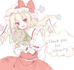 Rule 34 | 1girl, back bow, blonde hair, blush, bow, crystal, english text, fang, flandre scarlet, frilled shirt, frilled shirt collar, frilled sleeves, frills, hair between eyes, hat, hat ribbon, holding, holding stuffed toy, looking at viewer, mob cap, one side up, open mouth, puffy short sleeves, puffy sleeves, red bow, red eyes, red ribbon, red skirt, red vest, ribbon, shirt, short hair, short sleeves, simple background, skirt, smile, solo, sorani (kaeru0768), star (symbol), stuffed animal, stuffed toy, teddy bear, touhou, vest, white background, white bow, white hat, white shirt, wings, wrist cuffs