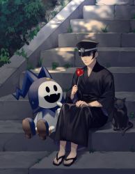Rule 34 | bad id, bad twitter id, black cat, black hair, candy apple, cat, closed mouth, devil summoner, finger to own chin, food, hand on own knee, hat, highres, holding, holding food, jack frost (megami tensei), japanese clothes, kuzunoha raidou, licking paw, morimiya (kuroro), open mouth, peaked cap, sandals, sideburns, sitting, sitting on stairs, smile, stairs