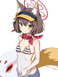Rule 34 | 1girl, animal ear fluff, animal ears, ball, bare arms, bare shoulders, beachball, bikini, bikini under clothes, blue archive, blue shorts, breasts, brown eyes, brown hair, brown hat, closed mouth, collarbone, commentary request, flower, fox ears, fox girl, fox tail, hair between eyes, hair flower, hair ornament, halo, hat, highres, holding, holding ball, izuna (blue archive), izuna (swimsuit) (blue archive), looking at viewer, navel, orange flower, ryuinu, shorts, simple background, small breasts, smile, solo, striped bikini, striped clothes, swimsuit, tail, transparent, visor cap, white background