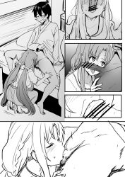 Rule 34 | 1boy, 1girl, :d, asuna (sao), bar censor, bed, blanket, blush, braid, censored, fellatio, h2o (ddks2923), hetero, highres, hospital gown, kirito, long hair, low twintails, open mouth, oral, pillow, short hair, sitting, small penis, smile, spread legs, sword art online, tongue, tongue out, twintails