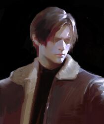 Rule 34 | 1boy, black background, black hair, black shirt, brown hair, brown jacket, closed eyes, closed mouth, coat, collared jacket, commentary, english commentary, faux traditional media, highres, jacket, leather, leather jacket, leon s. kennedy, lips, male focus, nose, open clothes, open jacket, original, parted bangs, realistic, resident evil, shirt, short hair, simple background, solo, turtleneck, upper body, yuming li