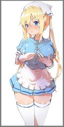 Rule 34 | 1girl, blend s, blonde hair, blue eyes, blue shirt, blue skirt, breasts, caburi, commentary request, cowboy shot, gloves, hair between eyes, head scarf, highres, hinata kaho, large breasts, long hair, looking to the side, miniskirt, shirt, simple background, skindentation, skirt, solo, standing, stile uniform, thighhighs, twintails, waitress, white background, white gloves, white thighhighs