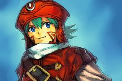 Rule 34 | .hack//, .hack//tasogare no udewa densetsu, 1boy, belt, blue background, blue eyes, closed mouth, commentary request, facial mark, green hair, hat, hungry clicker, kite (.hack//), looking at viewer, male focus, red hat, scarf, smile, solo, upper body, vest, white scarf