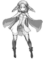 Rule 34 | 1girl, breasts, cape, closed mouth, curly hair, dress, elbow gloves, feathered wings, full body, gloves, greyscale, head wings, highres, johan (johan13), legs apart, melia antiqua, monochrome, short dress, simple background, small breasts, solo, thighhighs, thighs, white background, wings, xenoblade chronicles (series), xenoblade chronicles 1, zettai ryouiki