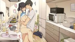 Rule 34 | 1boy, 1girl, arm support, black hair, blush, bottle, bowl, breasts, brown hair, censored, food, frying pan, hetero, indoors, kitchen, looking at another, medium breasts, microwave, mosaic censoring, motion lines, nipples, bento, one eye closed, open mouth, original, ponytail, sex, short hair, sweat, wakamatsu372