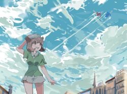 1girl aisutabetao arm_up bianca_(pokemon_heroes) blue_sky breasts brown_eyes brown_hair building cloud collared_shirt creatures_(company) day game_freak gen_3_pokemon green_shirt grin hair_between_eyes hand_on_headwear hat highres latias latios legendary_pokemon medium_breasts miniskirt nintendo outdoors pokemon pokemon_(anime) pokemon_(classic_anime) pokemon_(creature) pokemon_heroes:_latios_&amp;_latias shirt short_hair short_sleeves skirt sky smile white_hat white_skirt