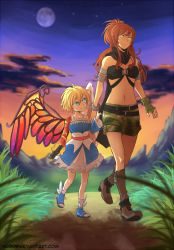 Rule 34 | 2girls, ahoge, angel, angel wings, armband, asymmetrical wings, bare shoulders, blonde hair, blue eyes, boots, borrowed character, bracelet, breasts, brown hair, camouflage, camouflage shorts, cape, cape tug, cassie (acerailgun), child, cloud, cyborg, detached sleeves, dress, feathered wings, fingerless gloves, frilled dress, frills, full body, full moon, gloves, grass, groin, jewelry, long hair, looking at another, mechanical arms, mechanical wings, midriff, moon, multiple girls, navel, nerior, night, night sky, original, outdoors, shoes, shorts, single glove, single mechanical arm, sky, spiked bracelet, spikes, toeless footwear, walking, watermark, web address, winged footwear, wings