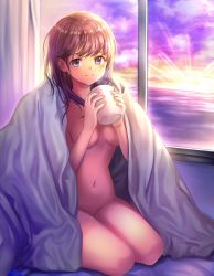Rule 34 | 1girl, blanket, blue eyes, blush, breasts, brown hair, closed mouth, cloud, coffee cup, cup, curtains, disposable cup, full body, groin, holding, holding cup, light rays, long hair, morning, navel, nishizawa, nude, original, seiza, sitting, smile, solo, stomach, sunlight, sunrise, under covers, window